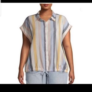 Terra & Sky linen blend striped button front drawstring hem size 4x top